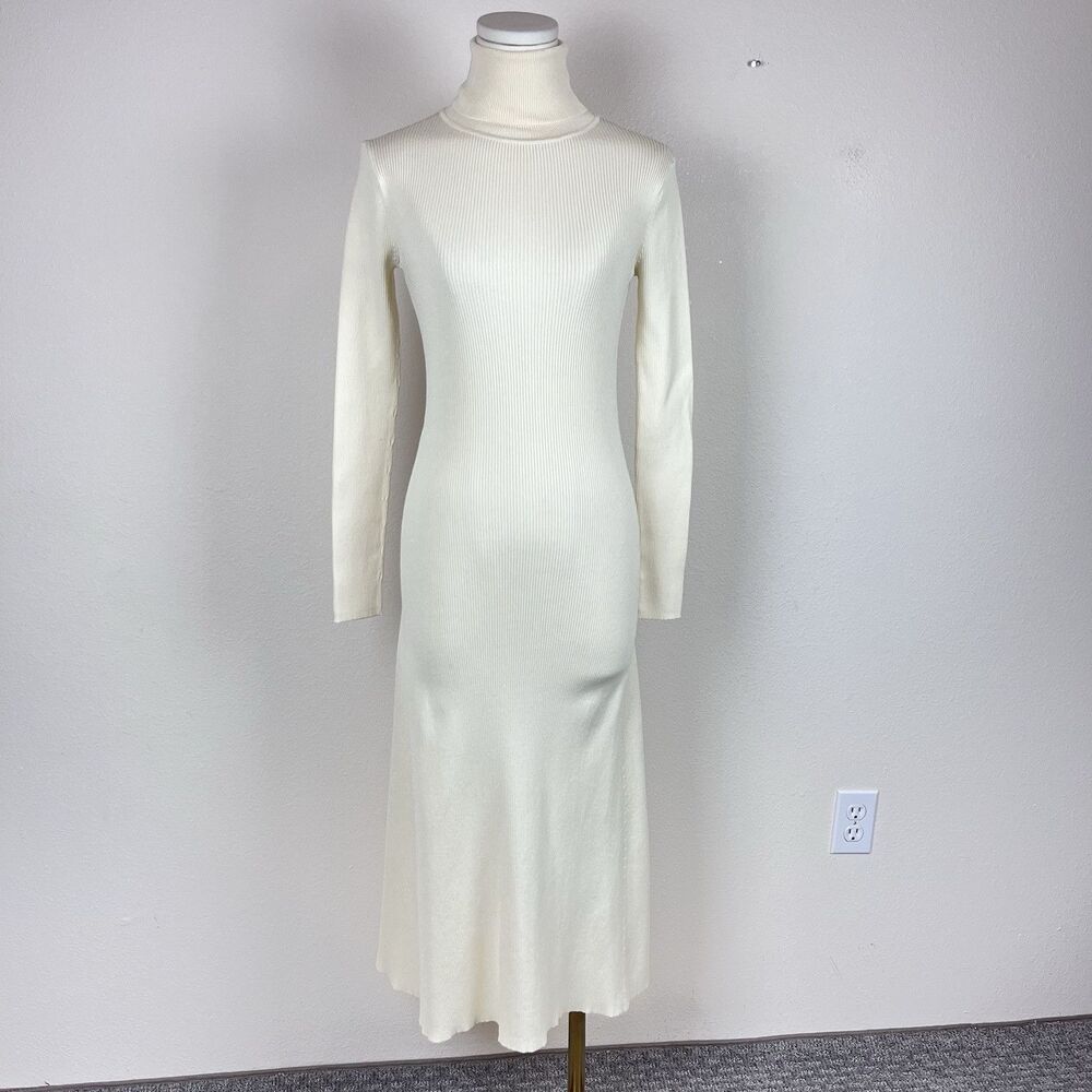 Zara Dress Womens Small Midi Fit and Flare Turtleneck Minimal Capsule Cream